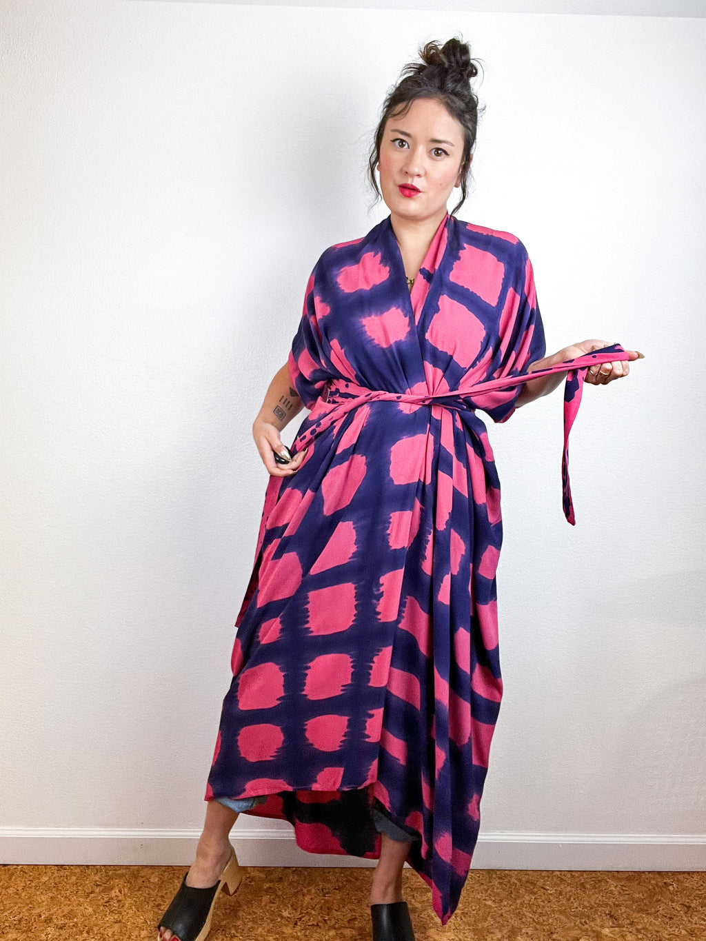 Hand-Dyed High Low Kimono Coral Navy Windowpane