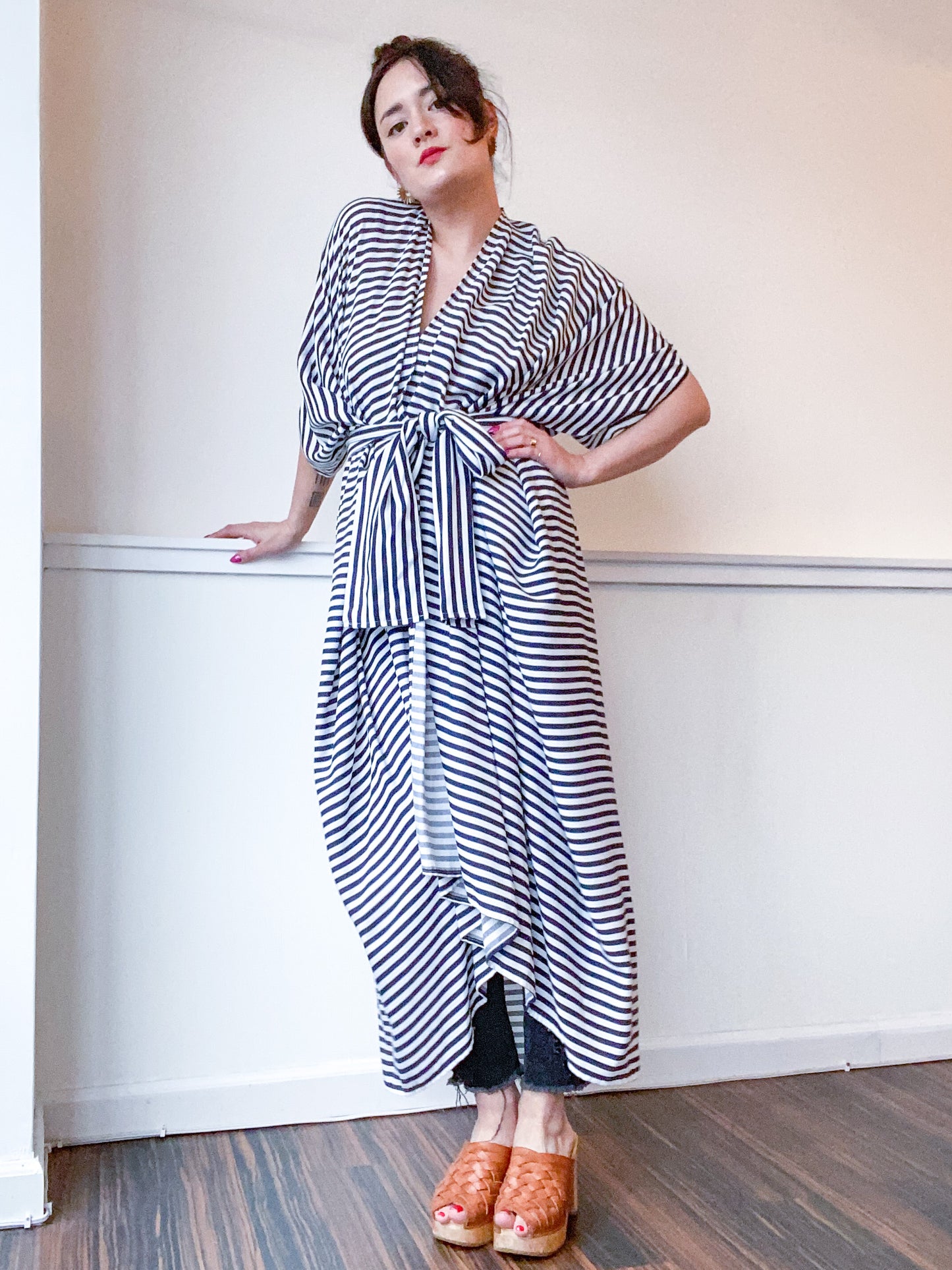 Print High Low Kimono Navy Stripes