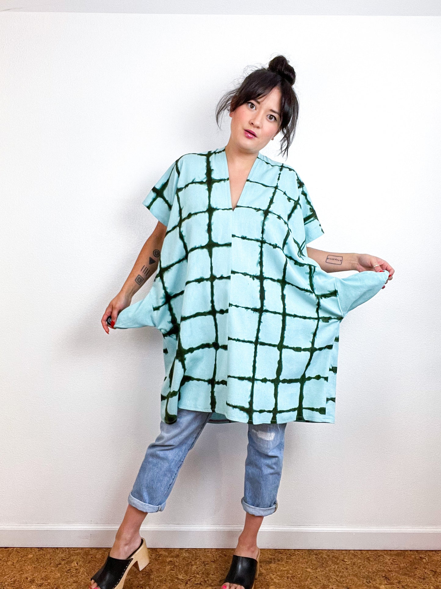 Hand-Dyed Mini Smock Dress Aqua Forest Windowpane