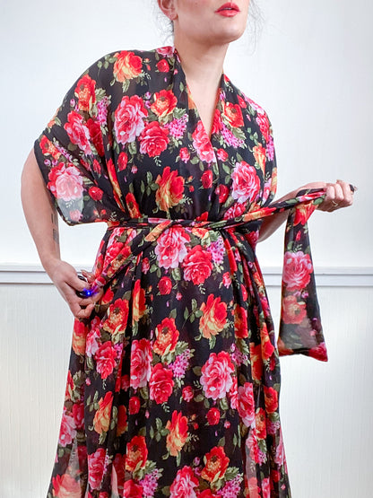 Print High Low Kimono Black Red Rose Floral Chiffon