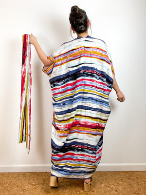 High Low Kimono Painterly Stripes Rayon Challis