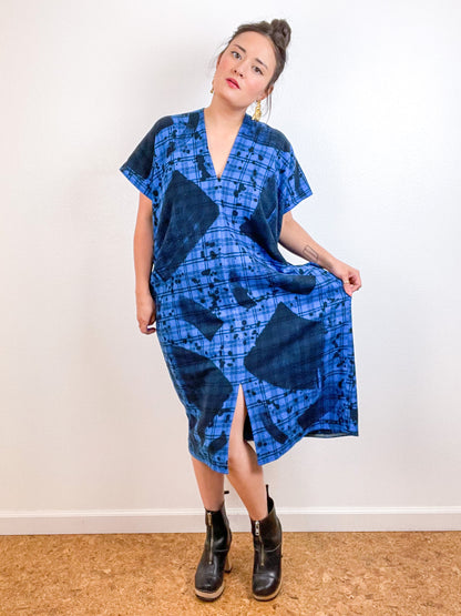 Disrupted Plaid Flannel Smock Dress Blue Brushstrokes