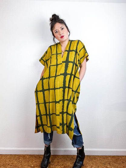 Hand-Dyed Midi Smock Dress Marigold Black Windowpane