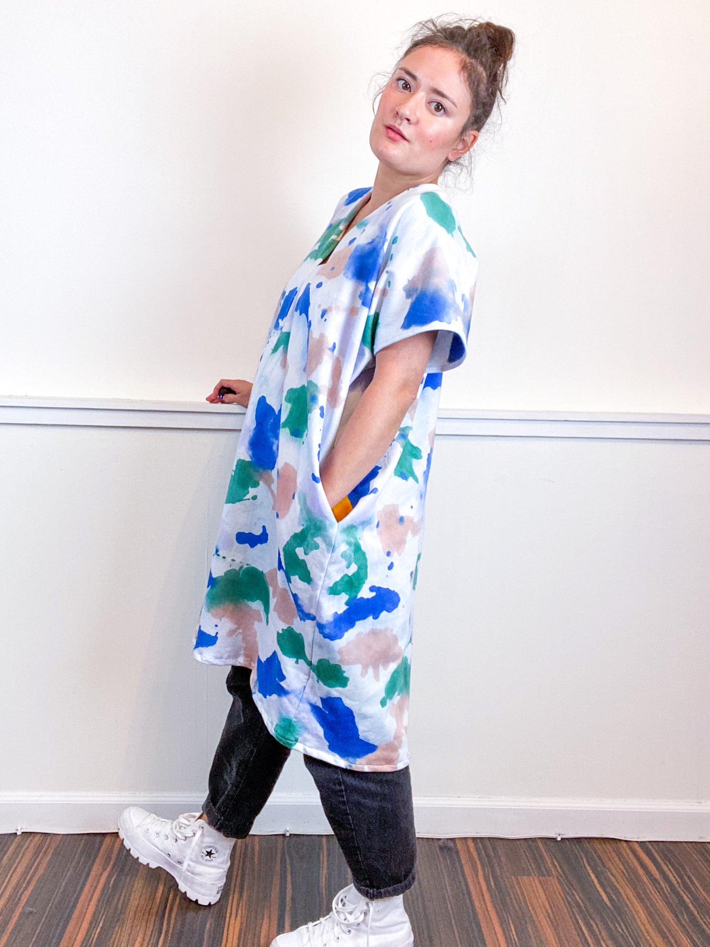Hand-Dyed Sweatshirt Smock Dress Pink Sky Wisteria Sea