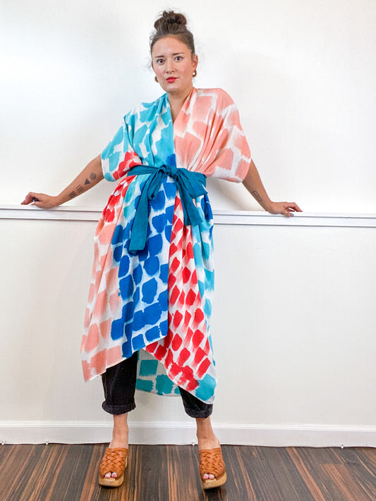 OOAK Hand-Dyed High Low Kimono Coral Parakeet Scarlet Kingfisher Rectangles