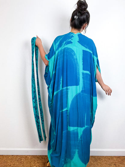 Hand-Dyed High Low Kimono Teal Blue Brushstroke