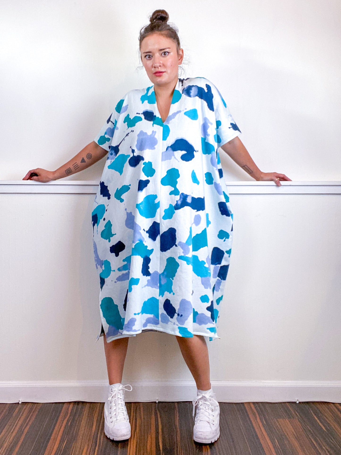 OOAK Hand-Dyed Sweatshirt Smock Dress Size Large Teal Parakeet Baby Blue Aqua
