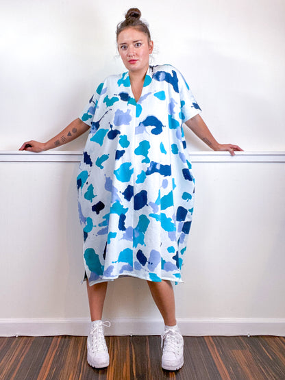OOAK Hand-Dyed Sweatshirt Smock Dress Size Large Teal Parakeet Baby Blue Aqua