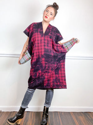 Over-Dye Plaid Smock Dress Black Red Classic