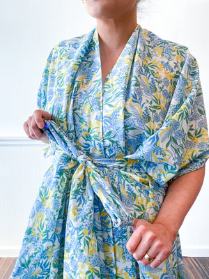 Print High Low Kimono Aqua Yellow Floral Crepe de Chine