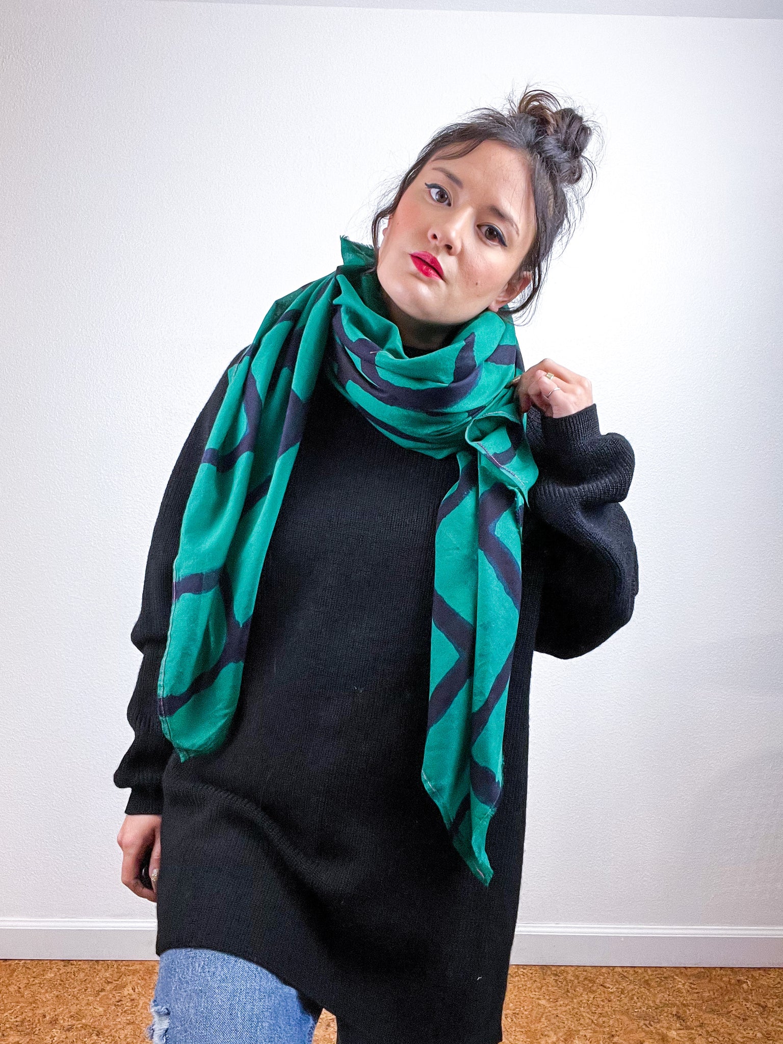 Hand-Dyed Cotton Voile Scarf Emerald Black Windowpane