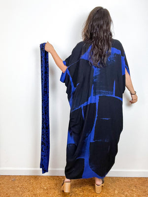 Hand-Dyed High Low Kimono Electric Blue Black Brushstroke