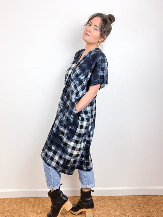 Over Dye Plaid Flannel Smock Dress Black White Buffalo