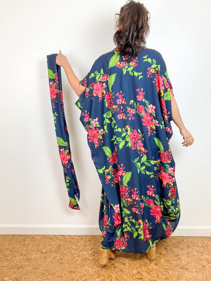Print High Low Kimono Navy Floral Georgette