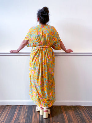 Print High Low Kimono Mint Marigold Peony Knit