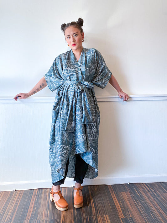 Print High Low Kimono Sage Leaf Charmeuse