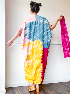 Limited Edition Hand-Dyed High Low Kimono Teal Pink Marigold