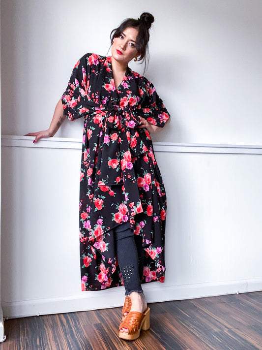 Print High Low Kimono Black Red Pink Roses