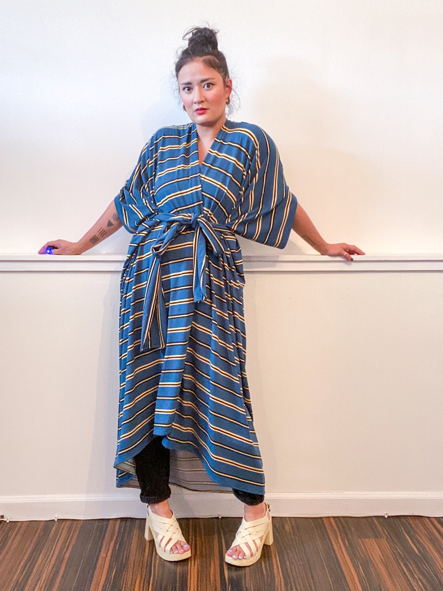 Print High Low Kimono Teal Stripes Knit
