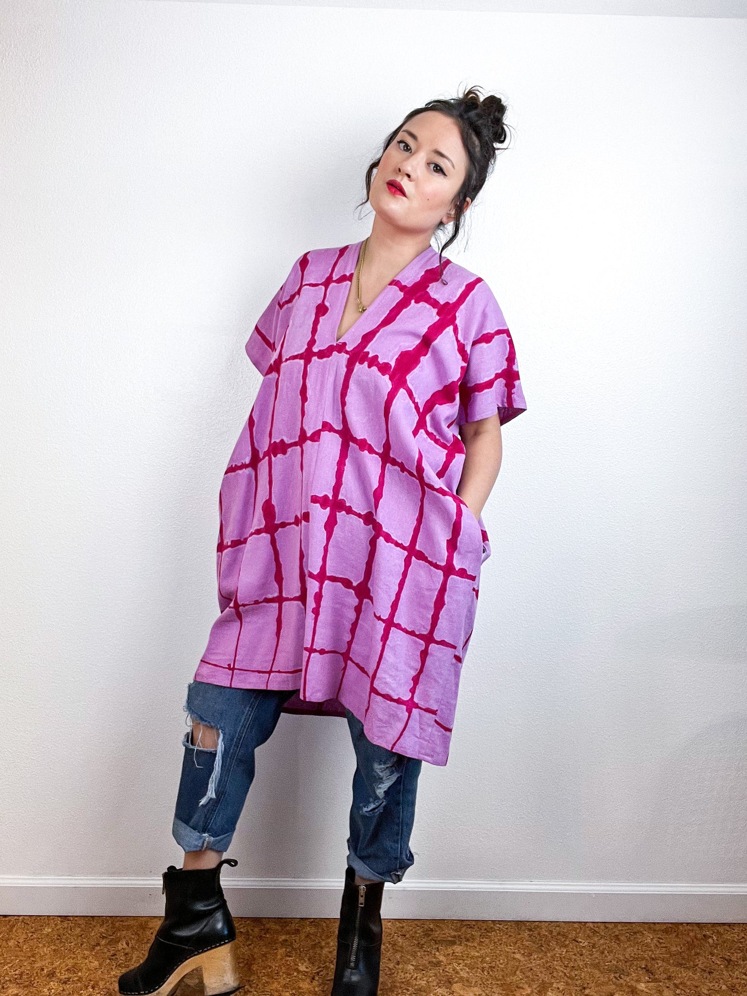 Hand-Dyed Mini Smock Dress Lilac Fuchsia Windowpane