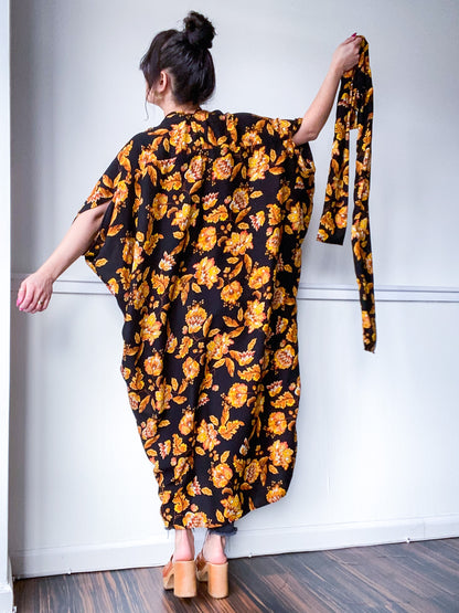 Print High Low Kimono Goldenrod Leaves