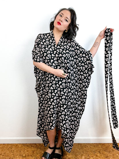 Print High Low Kimono Black Cherry Blossom Crinkle Challis