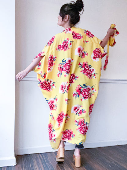 Print High Low Kimono Yellow Red Rose Floral Rayon Challis
