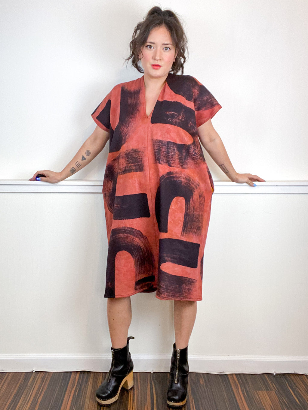 Hand-Dyed Sweatshirt Smock Dress Terracotta Black Brushstrokes