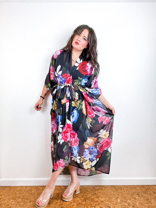 Print High Low Kimono Black Large Bouquet Floral Chiffon