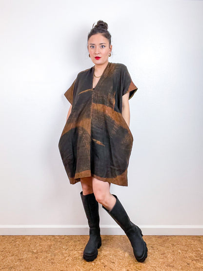 Hand-Dyed Linen Smock Dress Chestnut Black Brushstrokes