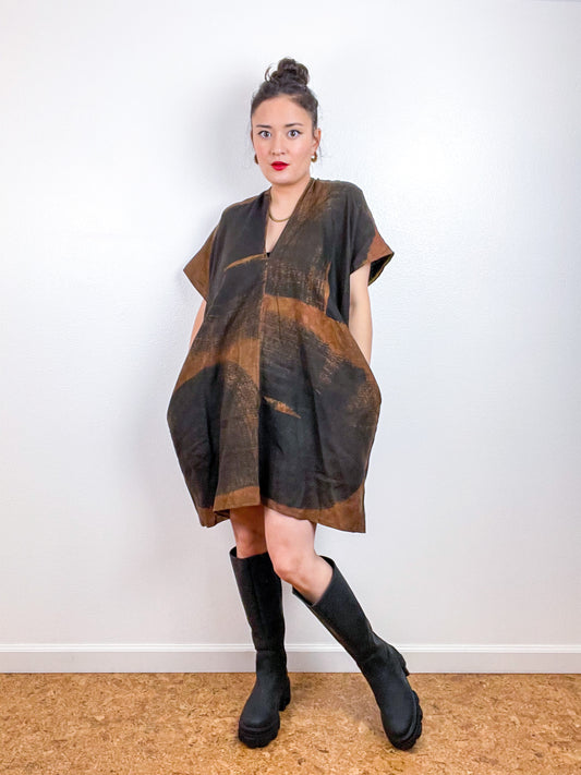 Hand-Dyed Linen Smock Dress Chestnut Black Brushstrokes
