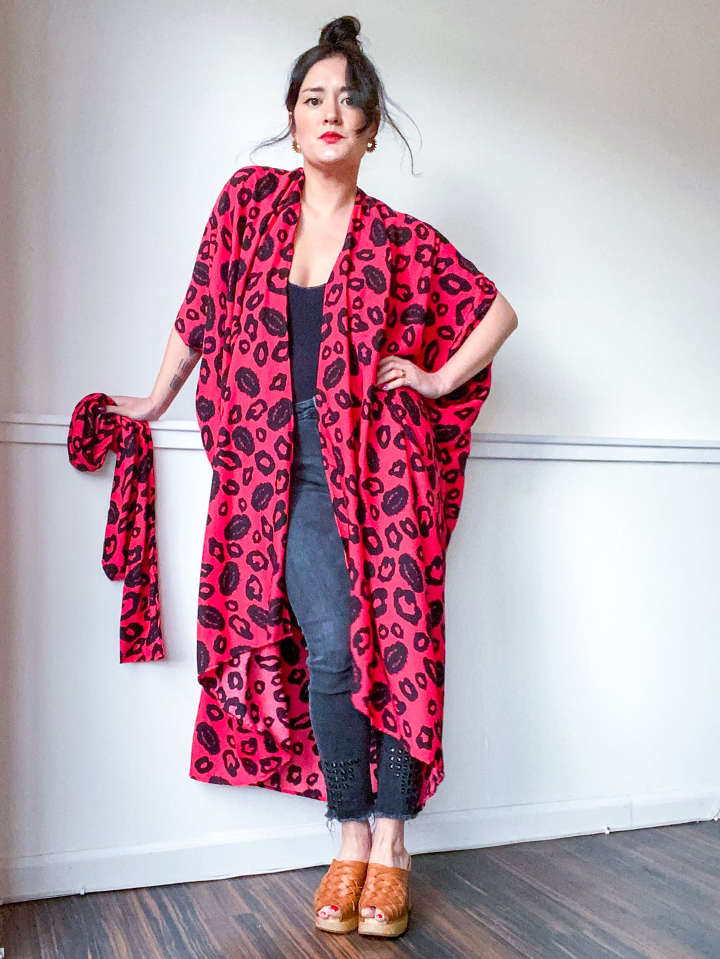 Print High Low Kimono Red Leopard