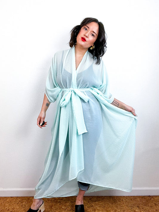 Solid High Low Kimono Mint Gold Pindot Chiffon
