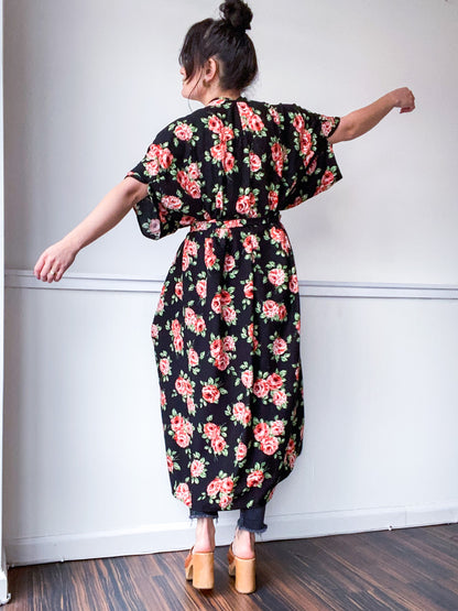 Print High Low Kimono Black Rose Floral