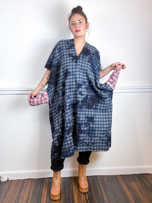 Over-Dye Plaid Smock Dress Grey Black Midi