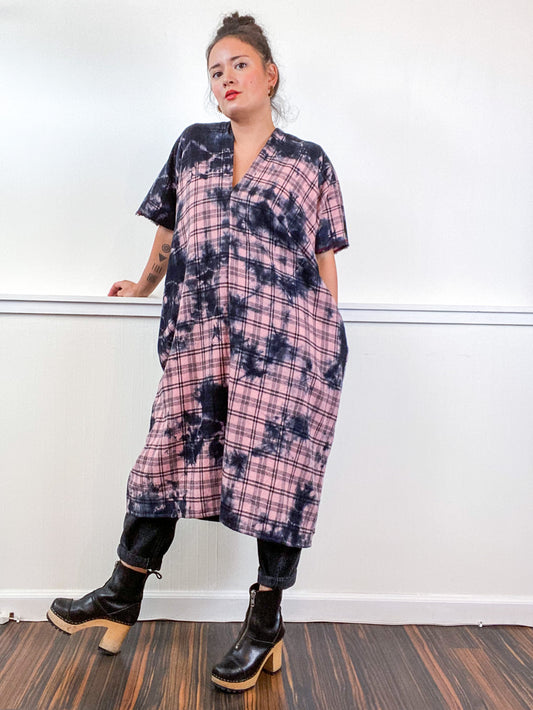 Over-Dye Plaid Smock Dress Pink Black