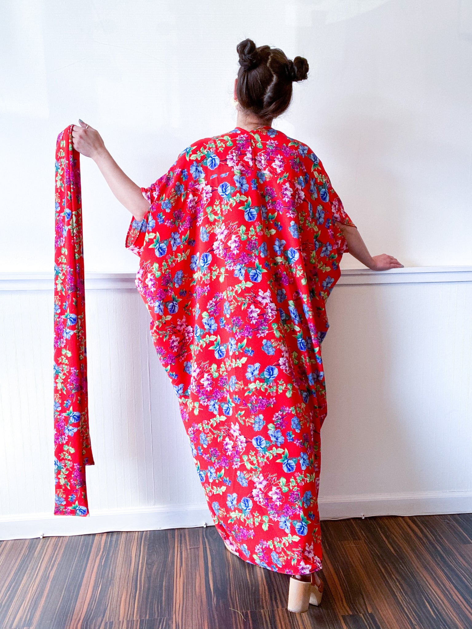 Print High Low Kimono Red Floral Bubble Crepe