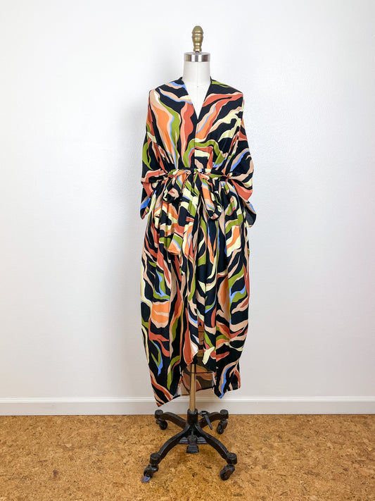 Print High Low Kimono Earthy Stripes Rayon Challis