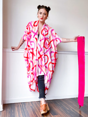 Limited Edition Hand-Dyed High Low Kimono XO Pink Red