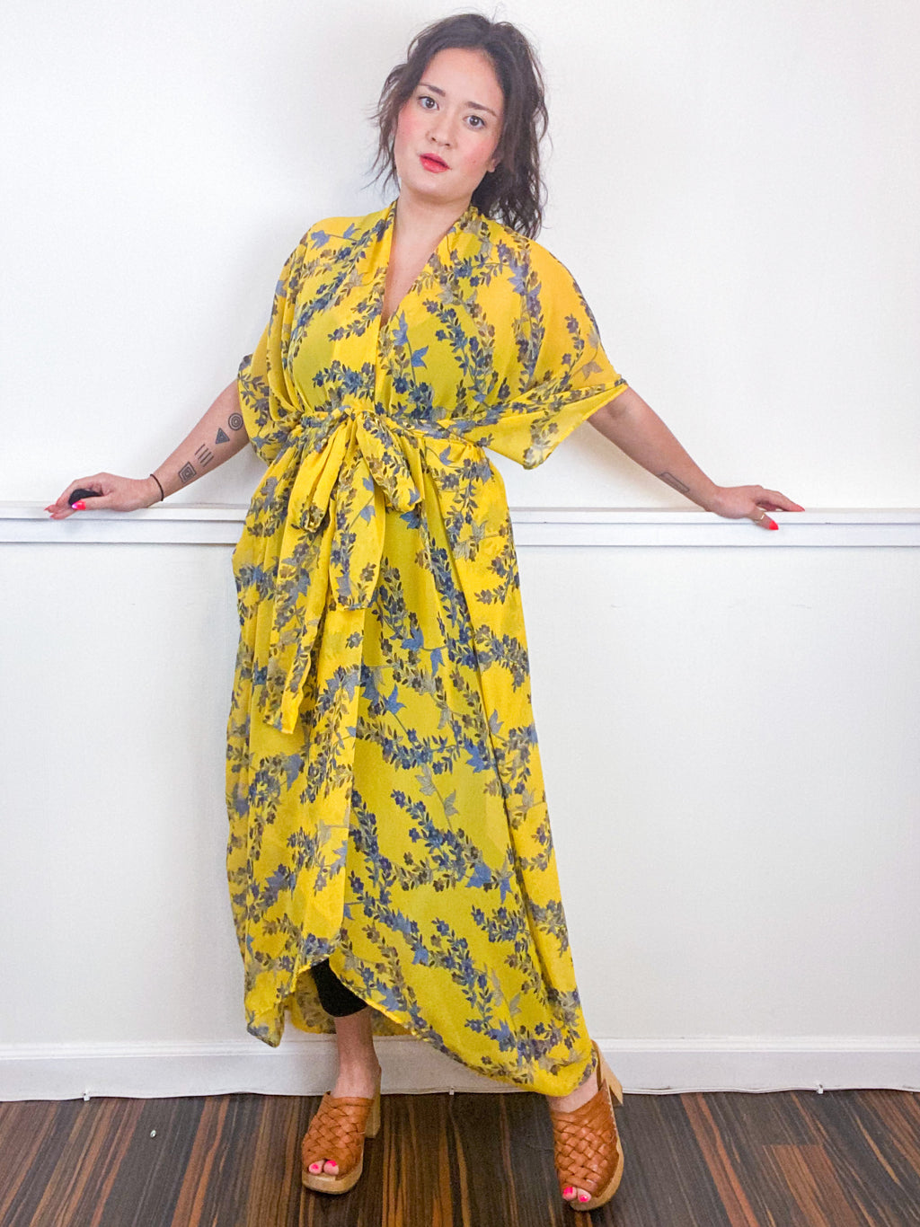 Print High Low Kimono Yellow Vine Floral Chiffon