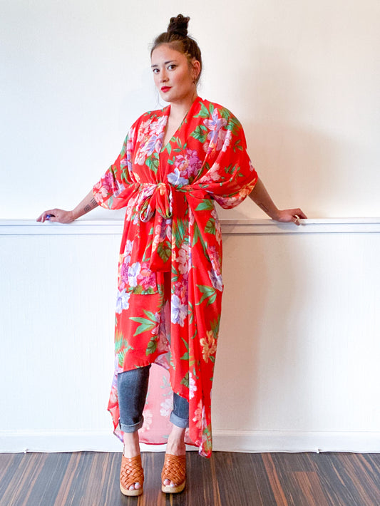 Print High Low Kimono Orange Tropical Floral Chiffon