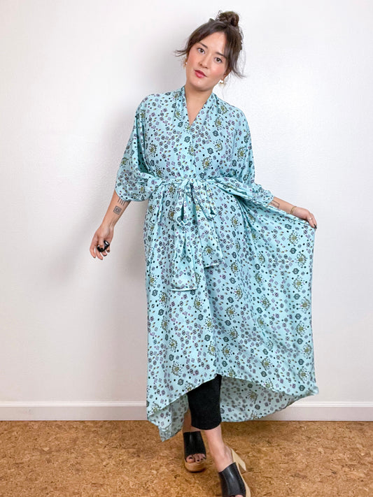 Print High Low Kimono Aqua Mini Symbols Crepe