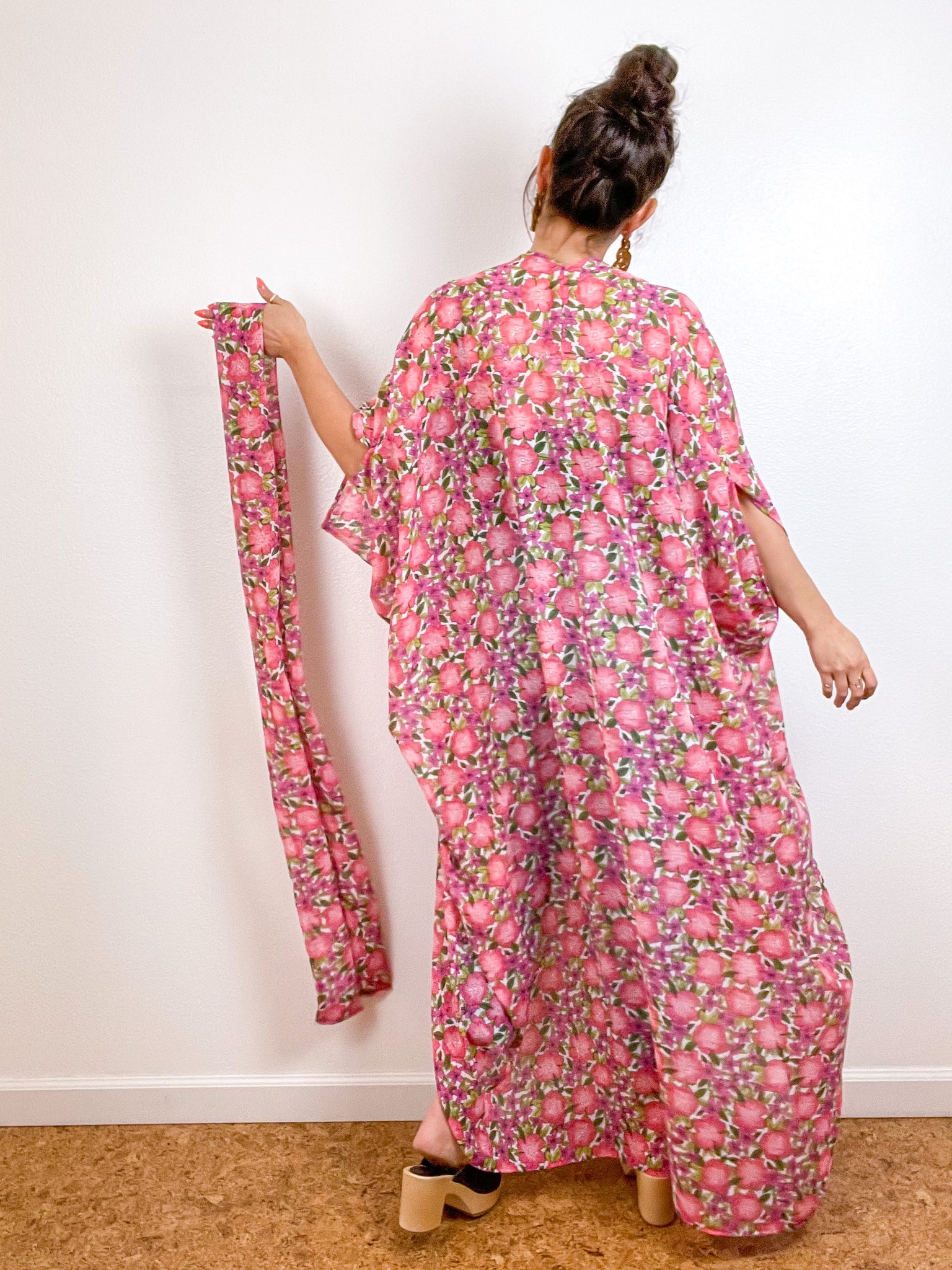 Print High Low Kimono Pink Pansy Floral Chiffon