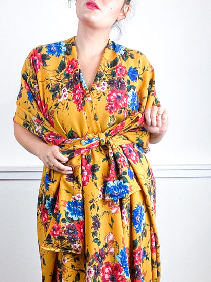 Print High Low Kimono Marigold Floral Bubble Crepe