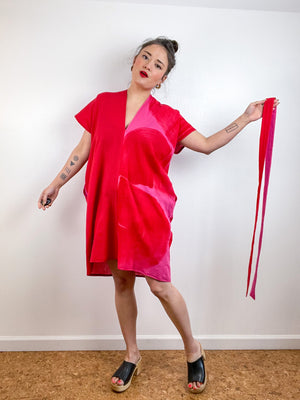 Single Gauze Mini Caftan Dress Scarlet Fuchsia Brushstrokes