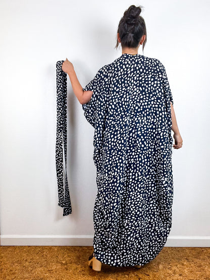 Print High Low Kimono Navy White Specks Challis