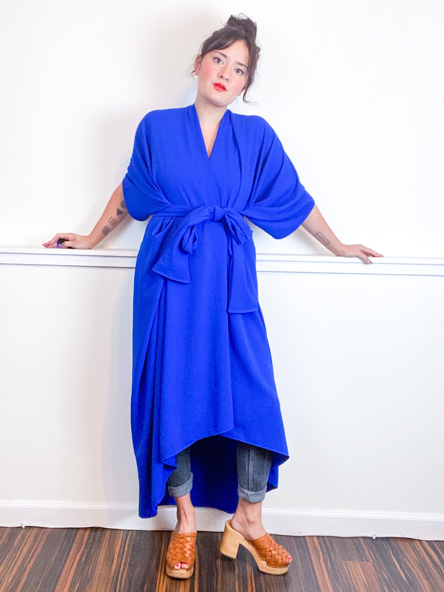 Solid High Low Kimono Royal Blue Double Crepe