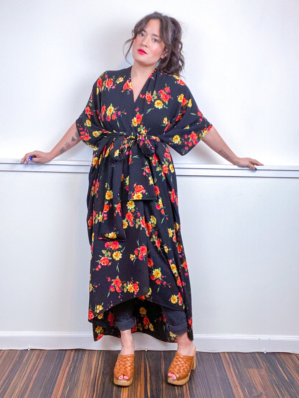 Print High Low Kimono Black Orange Yellow Rose Bubble Crepe