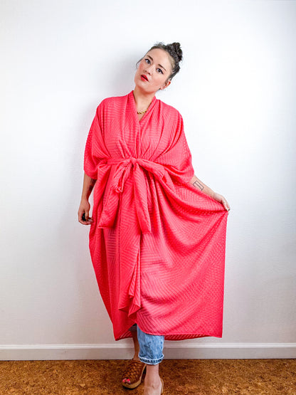 Solid High Low Kimono Coral Flocked Chevron Chiffon