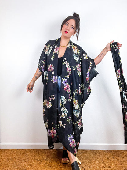 Print High Low Kimono Black Floral Stripe Chiffon